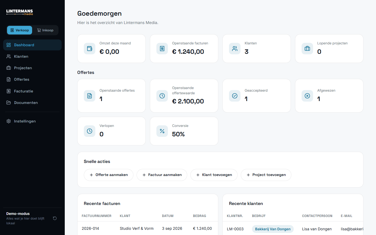 Screenshot van het dashboard van Lintermans Panel